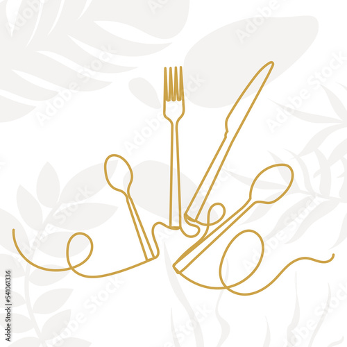 spoon, fork, knife one continuous line drawing, vector