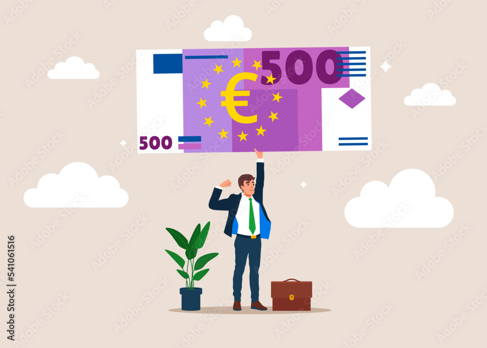 Confidence businessman lift up heavy euro bill weight. Investment financial literacy, investing expert, effort to earn more money. Flat vector illustration.
