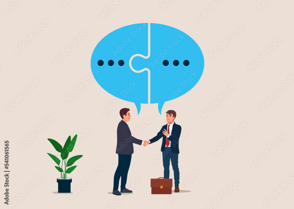 Obraz premium Businessmen handshake with connect speech bubble jigsaw. Success communicate, achieve business agreement, partnership deal. Flat vector illustration.