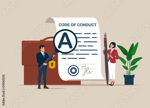 Businessteam writing code of conduct document. Ethical policy, regulation, principles guideline for work responsibility, compliance document. Flat vector illustration.