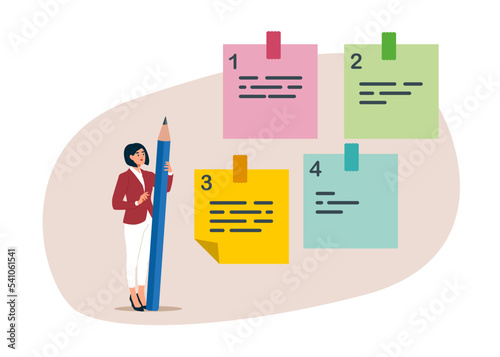 Businesswoman with pencil categorized sticky notes. Sorting important or urgency tasks, prioritize work for project management. Flat vector illustration. photo