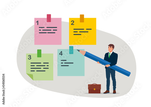 Businessman with pencil categorized sticky notes. Sorting important or urgency tasks, prioritize work for project management. Flat vector illustration.
