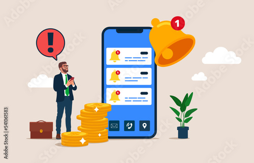 Businessman get chat messages notification in smartphone app. Ring bell as reminder pop up. Flat Vector illustration.