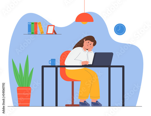 Exhausted woman sitting at table in office. Tired frustrated girl overload with work, having troubles, working on laptop flat vector illustration. Professional burnout, tiredness concept