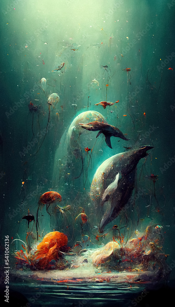 Fototapeta premium Abstract digital painting of fish and sea creatures swimming in the ocean marine life blue, turquoise, orange small fish fantasy fairy tale drawing illustration high quality wallpaper background water