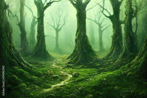 Mysterious winding path in scary fantasy forest  bare trees covered with moss. Generative AI illustration