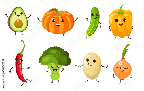 Vegetable characters with kawaii faces cartoon illustration set. Funny pumpkin, onion, potato, pepper, cucumber, broccoli and avocado with cute eyes waving. Healthy food, garden, veggie concept