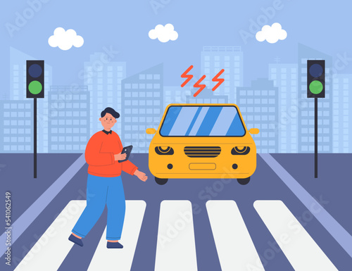 Pedestrian walking on crosswalk and looking at phone screen. Careless man violating traffic rules flat vector illustration. Alert, road safety, crosswalk accident concept