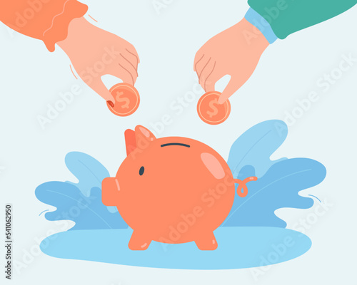 Hands of husband and wife throwing coins into piggy bank. Man and woman investing money in family budget flat vector illustration. Hoarding concept for banner, website design or landing web page
