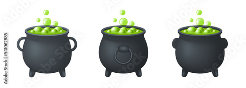 Cauldron of green potion. The witch's cauldron. Vector clipart isolated on white background.