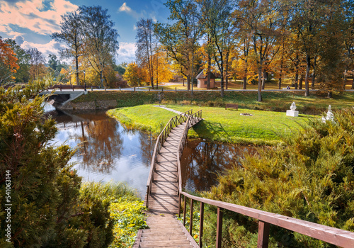 Autumnal park with wooden bridge over the river