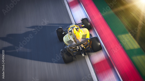 Yellow racing car in panning shots 3D illustration