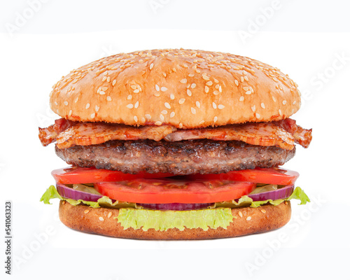 Tasty fast food burger with beef, onion, cucumbers and salad american style