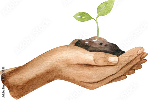 Black female hands holding a green sprout. Garden watercolor illustration isolated on white background, hand drawn clipart. Human body fragment.