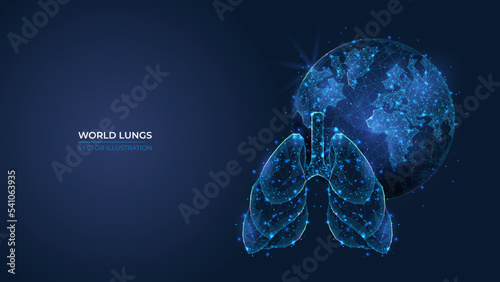 Futuristic abstract symbol blue planet earth and lungs. Concept blue air pollution, saving the planet, ecology. Low poly geometric 3d wallpaper background vector illustration.