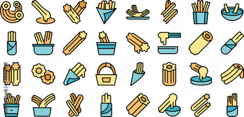 Churros icons set outline vector. Mexican chocolate. Churro food color flat isolated