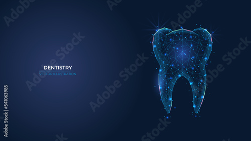Futuristic abstract tooth symbol. Dental treatment concept. Low poly geometric 3d wallpaper background vector illustration.