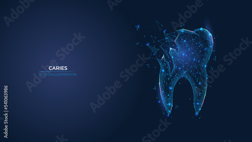 Futuristic abstract symbol tooth decay. Dental caries treatment and restoration concept. Low poly geometric 3d wallpaper background vector illustration.