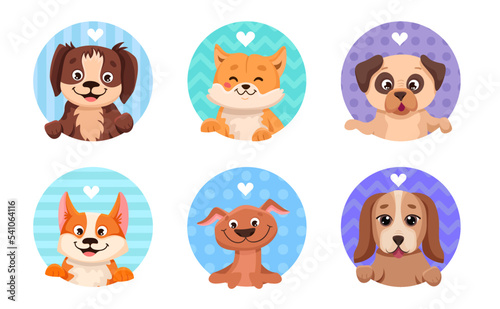 Adorable dog avatar icons with hearts and colorful backgrounds for profile. Cute pet faces of different breeds pug, corgi, akita inu. Vector cartoon illustration for your design