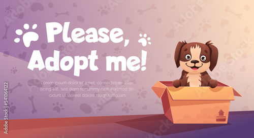 Adopt banner with funny little dog in cardboard box. Help homeless animals find home. Vector cartoon illustration with cute abandoned puppy in doghouse.