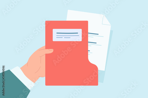 Male hand holding folder with documents flat vector illustration. Businessman holding red file, important business or real estate documents. Stationery, application, meeting concept