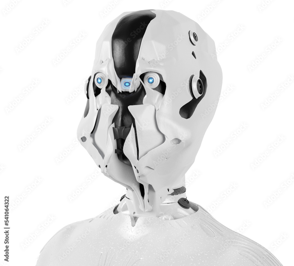 artificial intelligence android robot without skin cover, original under the skin, plastic skeleton 3d-illustration