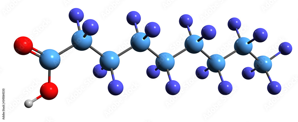3D image of Perfluorononanoic acid skeletal formula - molecular chemical structure of synthetic perfluorinated carboxylic acid isolated on white background 3D image of Perfluorononanoic acid skeletal formula - molecular chemical structure of synthetic perfluorinated carboxylic acid isolated on white background