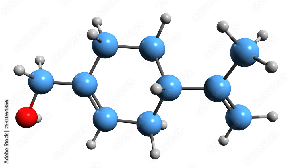 3D image of Perillyl alcohol skeletal formula - molecular chemical structure of monocyclic terpene isolated on white background
3D image of Perillyl alcohol skeletal formula - molecular chemical structure of monocyclic terpene isolated on white background