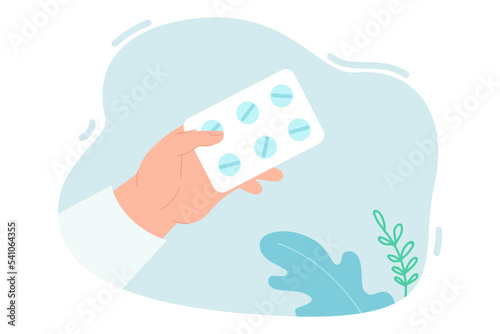 Hand of doctor holding out blister with pills to patient. Person giving health care and medical treatment flat vector illustration. Medicine concept for banner, website design or landing web page