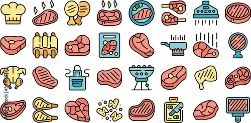 Chop icons set outline vector. Meat rib. Pork bacon color flat isolated