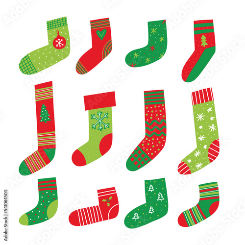 Christmas socks collection. Xmas and New Year stocking set with winter holiday symbols and green red colors. Handdrawn doodle vector illustration.