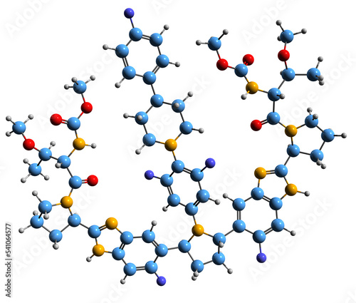  3D image of Pibrentasvir skeletal formula - molecular chemical structure of antiviral agent isolated on white background photo