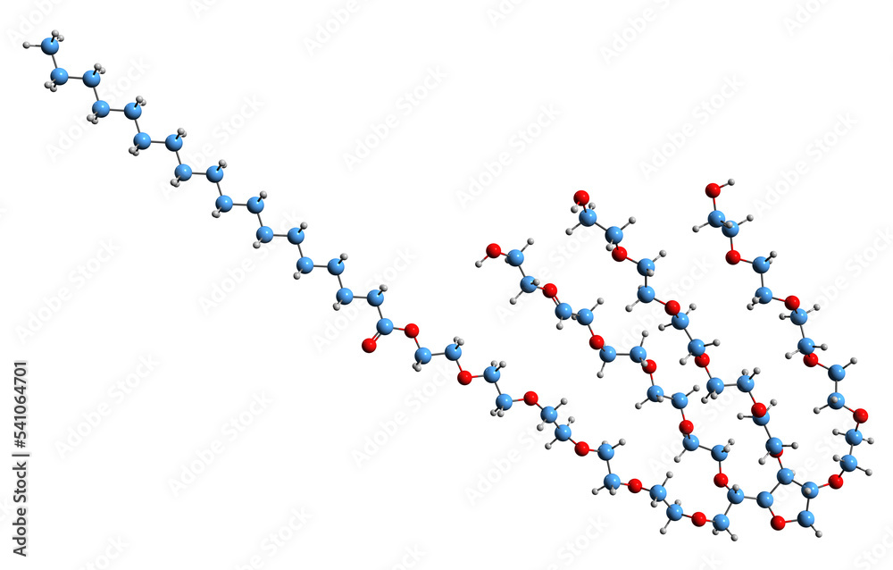 3D image of example of polysorbate 60 skeletal formula - molecular chemical structure of emulsifier isolated on white background 3D image of example of polysorbate 60 skeletal formula - molecular chemical structure of emulsifier isolated on white background