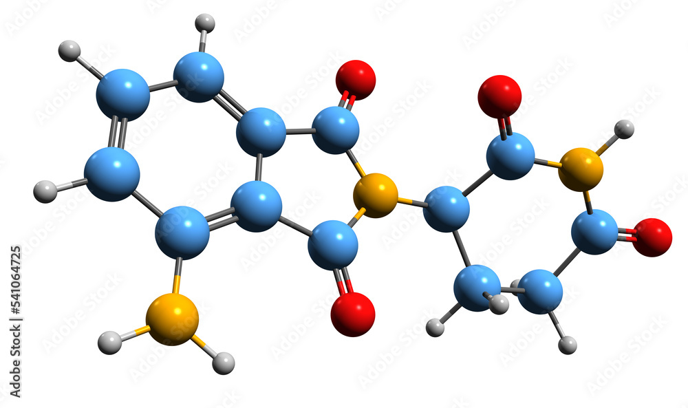 3D image of Pomalidomide skeletal formula - molecular chemical structure of derivative of thalidomide isolated on white background 3D image of Pomalidomide skeletal formula - molecular chemical structure of derivative of thalidomide isolated on white background