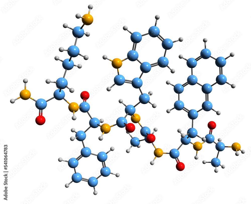 3D image of Pralmorelin skeletal formula - molecular chemical structure of pralmorelin hydrochloride isolated on white background