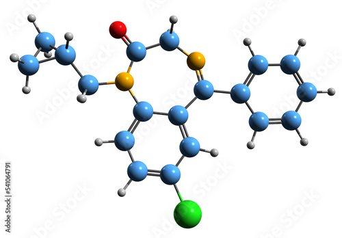 3D image of Prazepam skeletal formula - molecular chemical structure of  benzodiazepine derivative drug isolated on white background photo