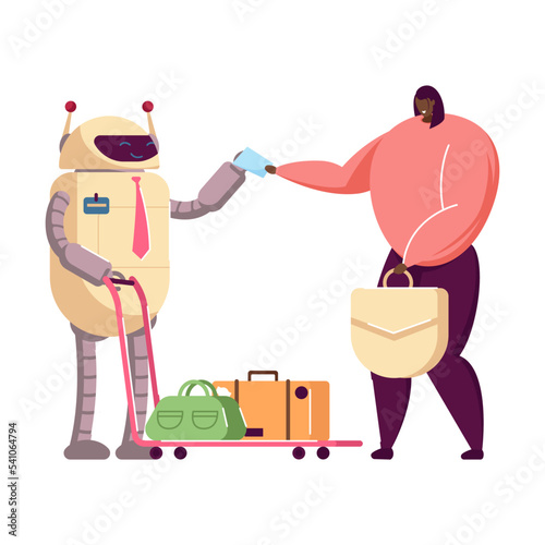 Robots as hotel attendants. Flat vector illustration. Robotic receptionist and porter helping guests with checking in and out of hotel. Technologies, artificial intelligence