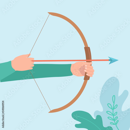 Hands of archer pulling string of recurving bow for shot. Person shooting, aiming to target flat vector illustration. Archery, sport, game concept for banner, website design or landing web page
