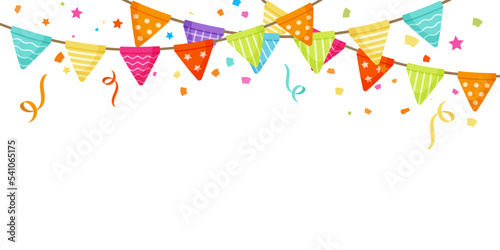 Party celebration background with confetti and flags