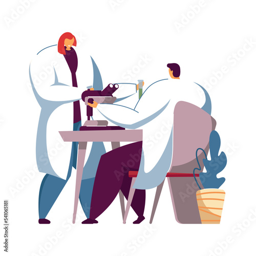 Group of medical students in lab isolated flat vector illustration. Cartoon scientists conducting research or chemical tests. Chemistry, medicine and science concept