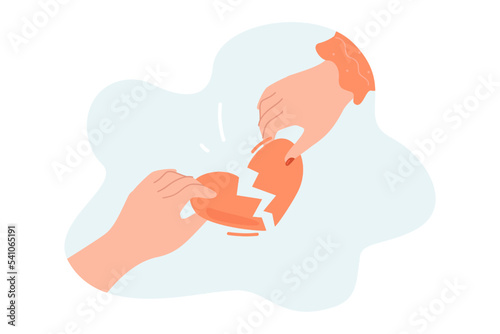 Man and woman holding halves of broken heart. Couple having breakup, divorce, crisis of romantic relationship flat vector illustration. Unhappy love, separation, disappointment concept