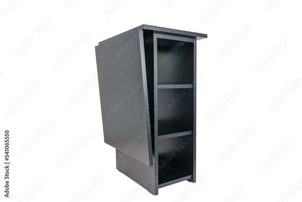 Table transformer on a white isolated background in the folded state. Folding black furniture Table transformer on a white isolated background in the folded state. Folding black furniture