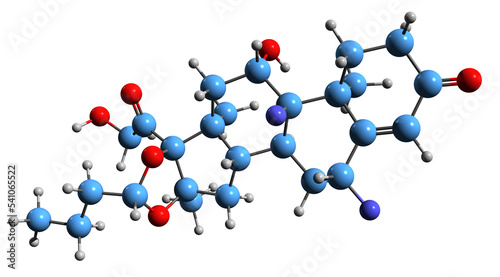 3D image of Rofleponide skeletal formula - molecular chemical structure of  synthetic glucocorticoid corticosteroid isolated on white background
 photo