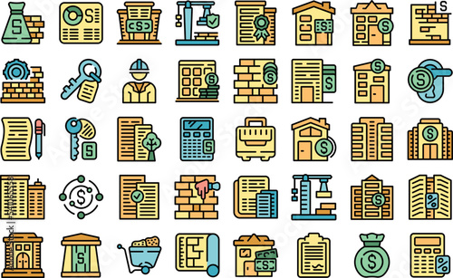 Building subsidy icons set outline vector. Finance public. Aid budget color flat isolated photo