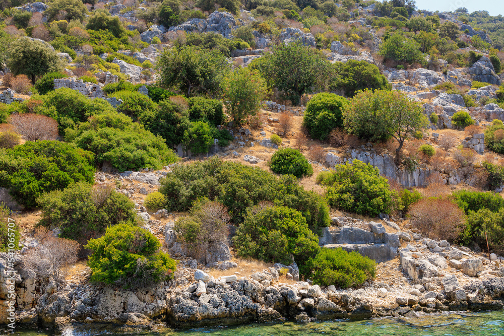 The ruins of a sunken ancient city on the island of Kekova Lycian Dolichiste in Turkey in the province of Antalya