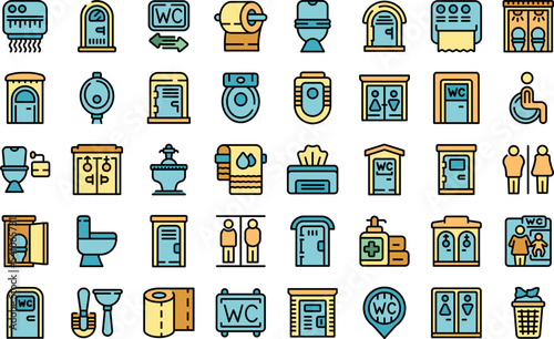 Public restrooms icons set outline vector. Toilet seat. Bowl restroom color flat isolated