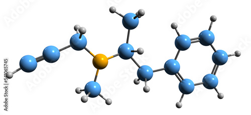  3D image of Selegiline skeletal formula - molecular chemical structure of  Parkinson's disease  medication isolated on white background
