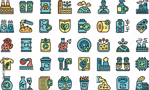 Chemical recycling icons set outline vector. Garbage bin. Waste disposal color flat isolated