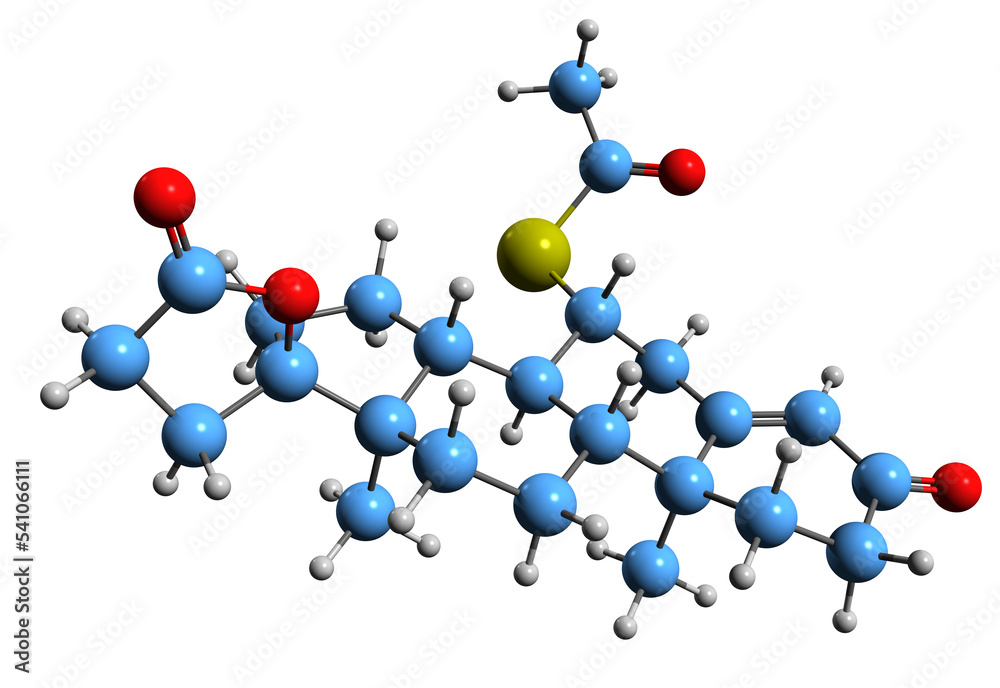 3D image of Spironolactone skeletal formula - molecular chemical structure of Antimineralocorticoid isolated on white background 3D image of Spironolactone skeletal formula - molecular chemical structure of Antimineralocorticoid isolated on white background