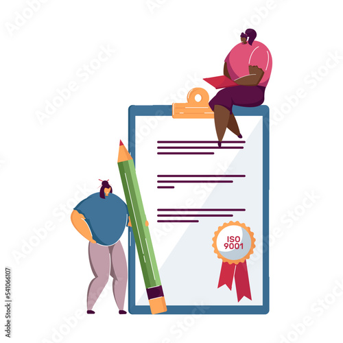 People with quality control certificate. Cartoon person checking document flat vector illustration. Quality management system, ISO 9001 standard concept for banner, website design